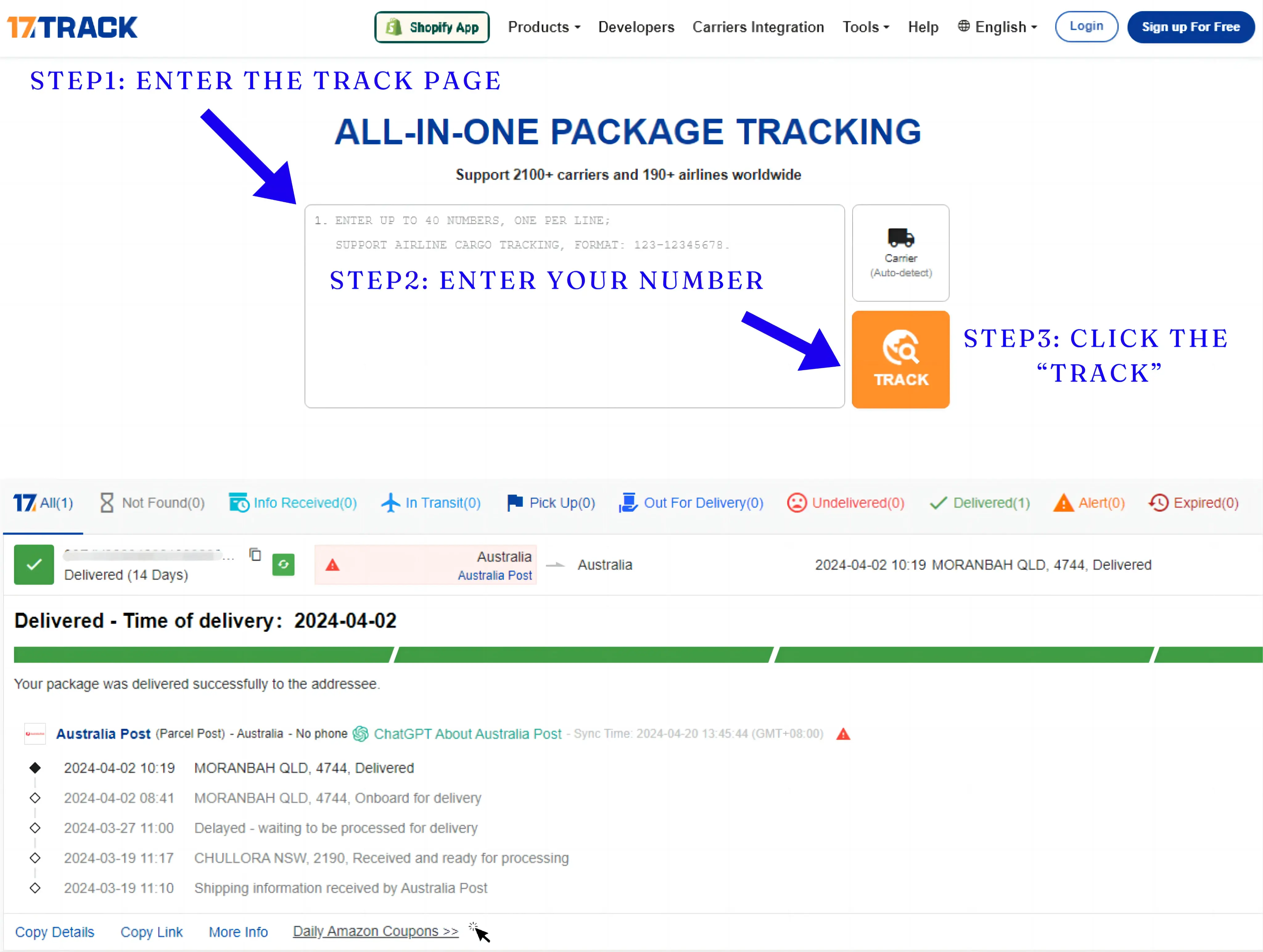 Australia Post Tracking. Learn how to find your tracking number on 17TRACK. Enter your tracking number on the 17TRACK official website.